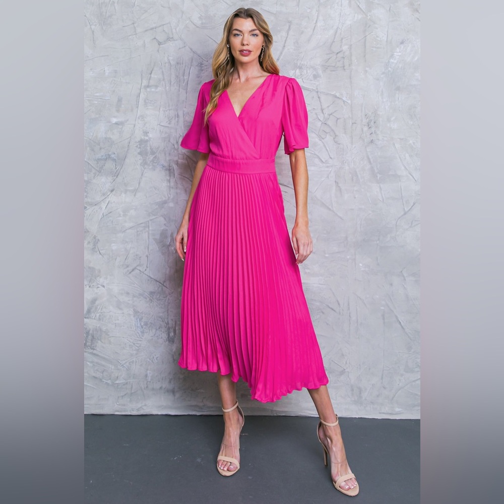 Elegant Fuchsia Pleated Midi Dress - Picture 2 of 5